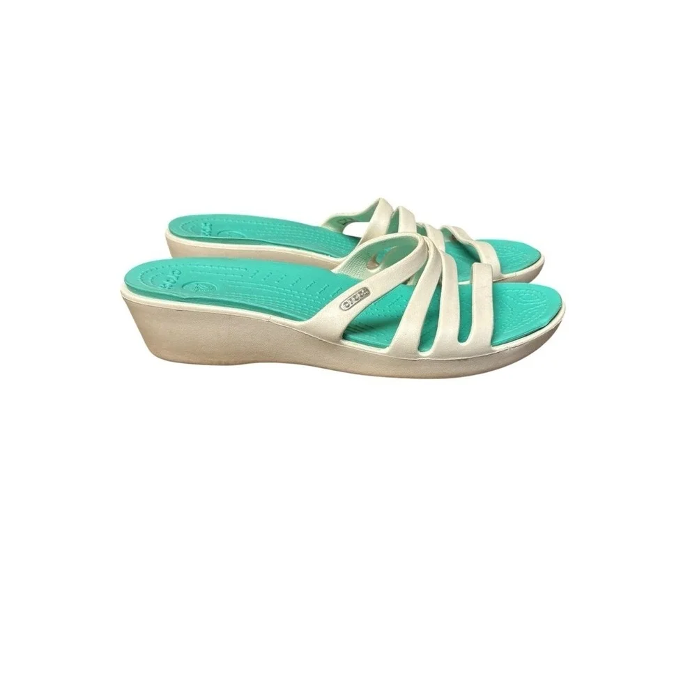 Crocs Women's Sanrah White Teal Strappy Wedge Sandals Size 8‎